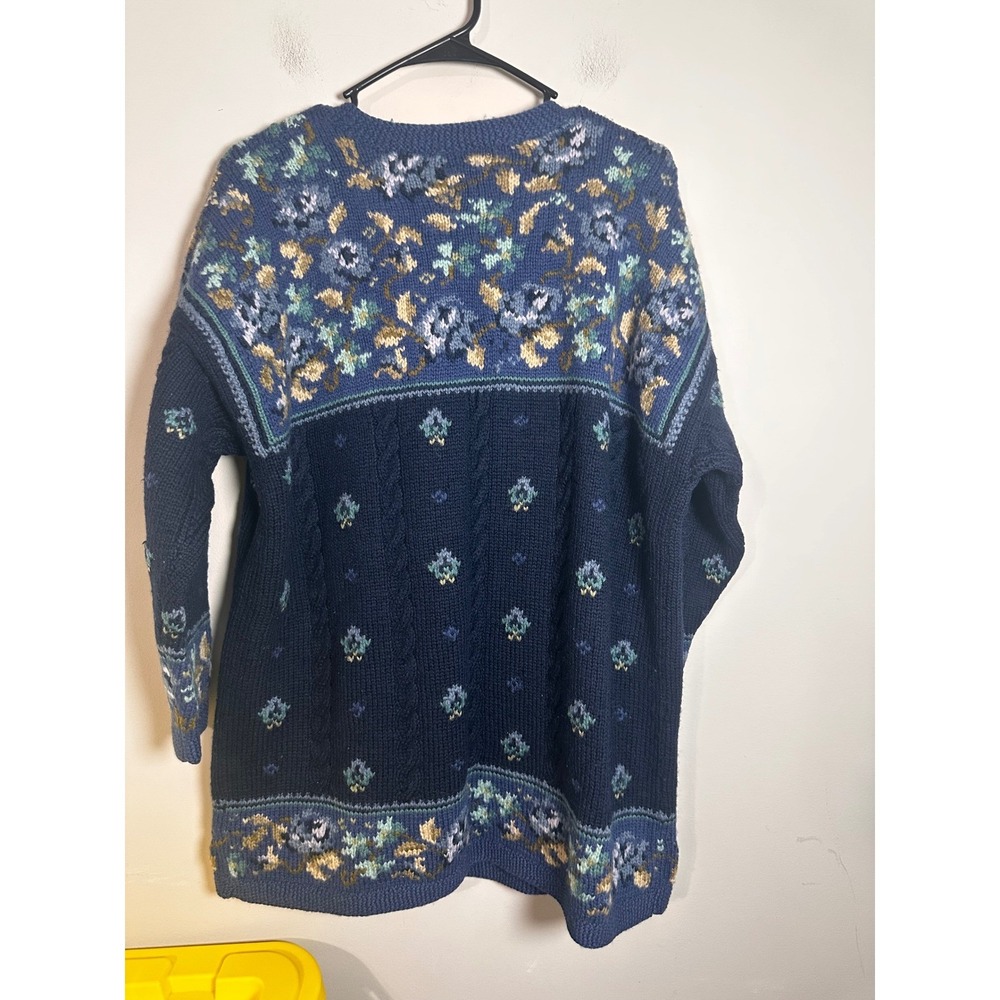 Laura Ashley Vintage 100% Pure New Wool Floral Cardigan Navy Blue Medium - Picture 5 of 5